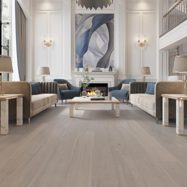 light toned wood look flooring in living room with blue accents